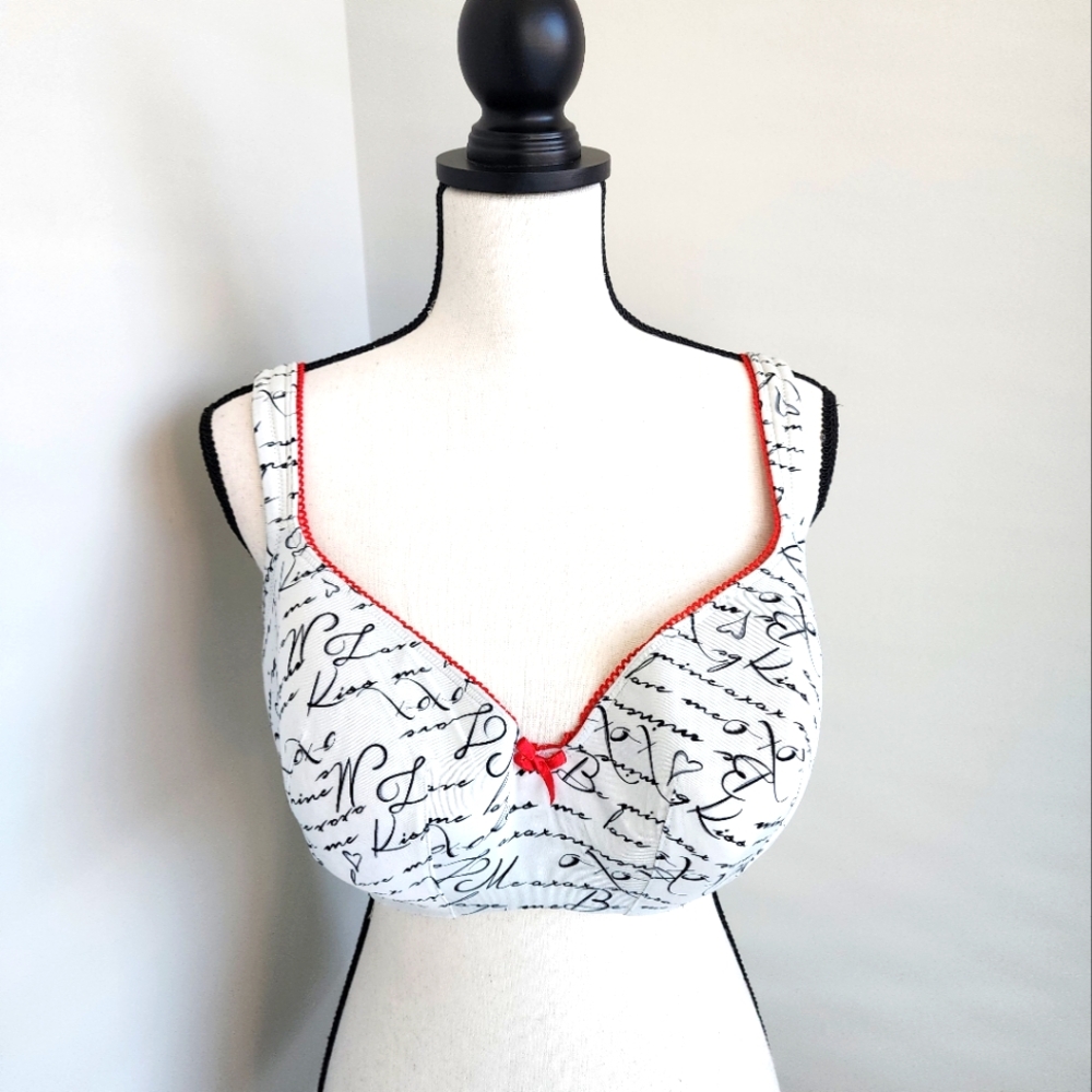 Cacique White Script Print Bra with Red Trim